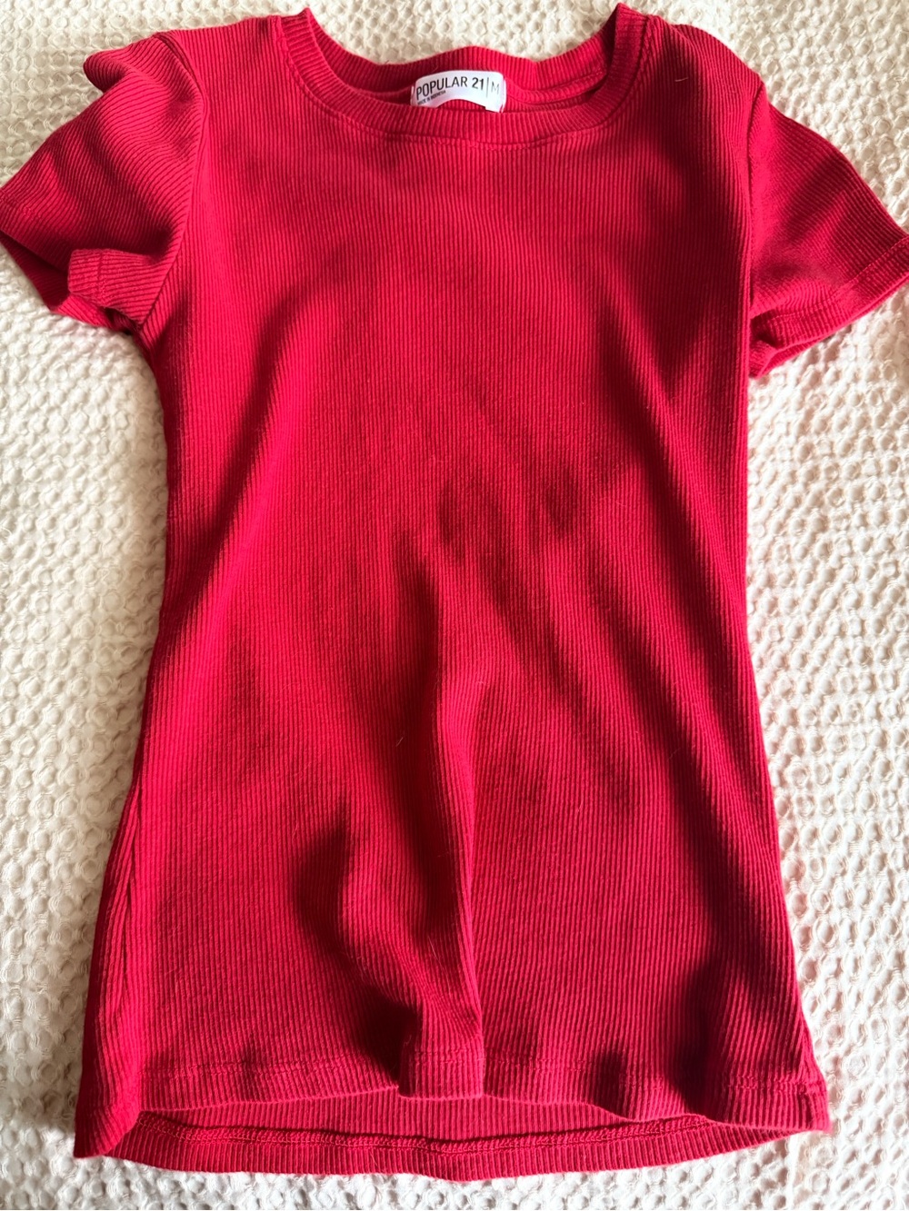 Popular 21 Red Ribbed Short Sleeve Top